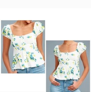 Free People- Close To You- White & Blue Floral Top. Size S